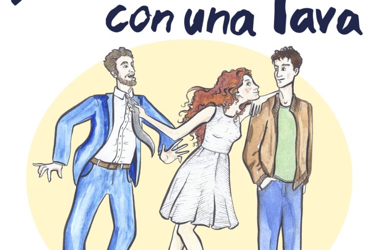 Disegno di una donna che sta tra due uomini, attirando l'attenzione di entrambi